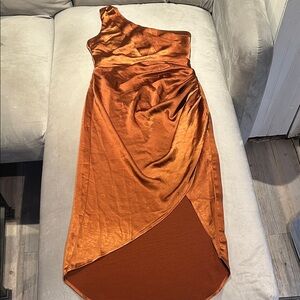 F21 One-Shoulder Rust Satin Midi Dress